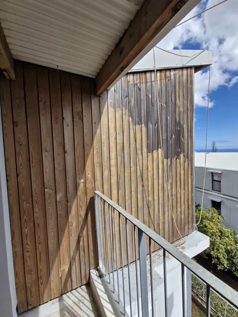 Cordiste au niveau des balcons d'une façade en bardage bois